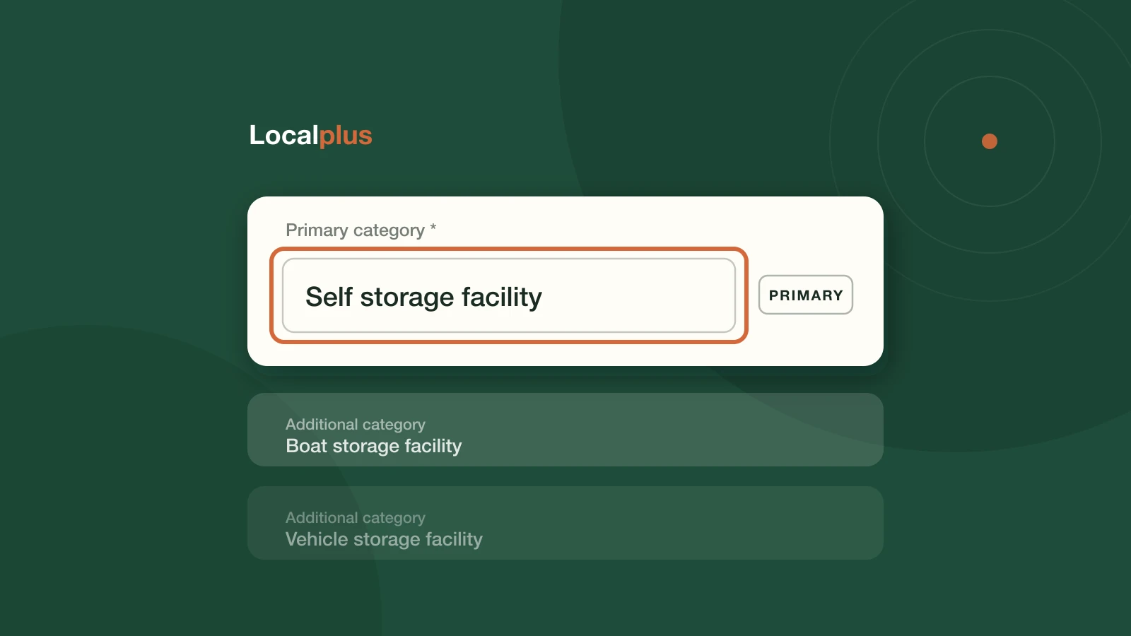 Illustration of a Google Business Profile primary category field set to Self storage facility, with additional category rows below