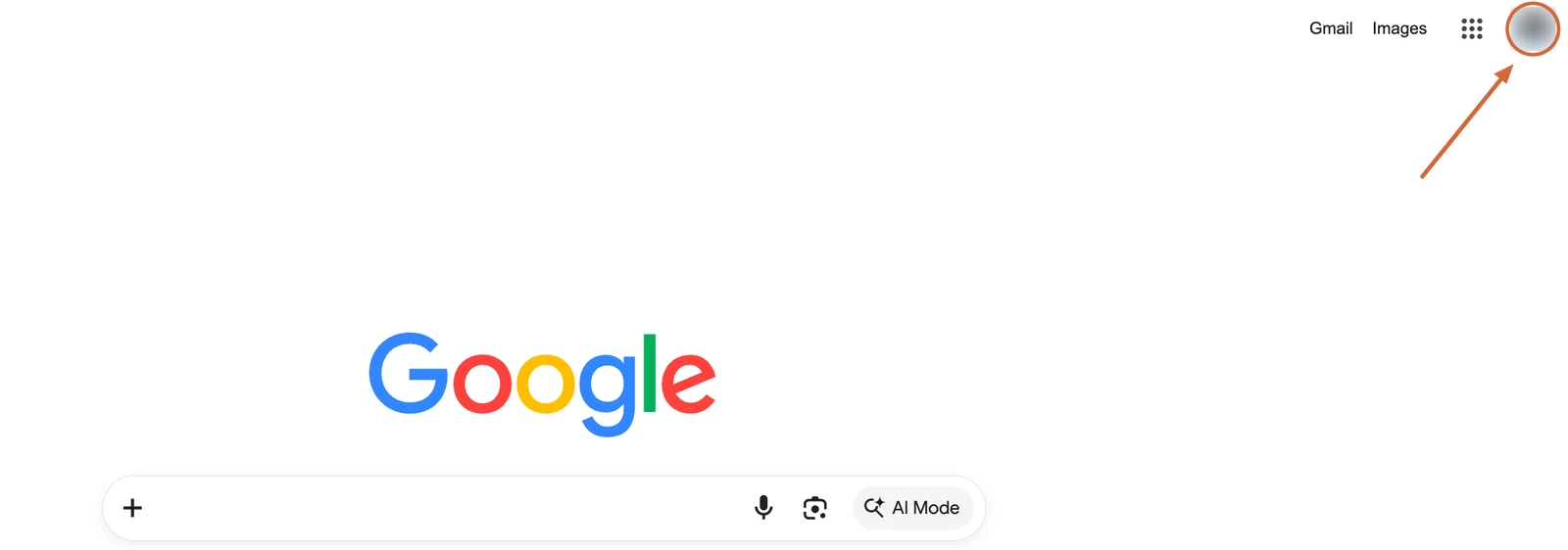 Google homepage with the account avatar in the top right corner highlighted, showing where to check which Google account you are signed in to