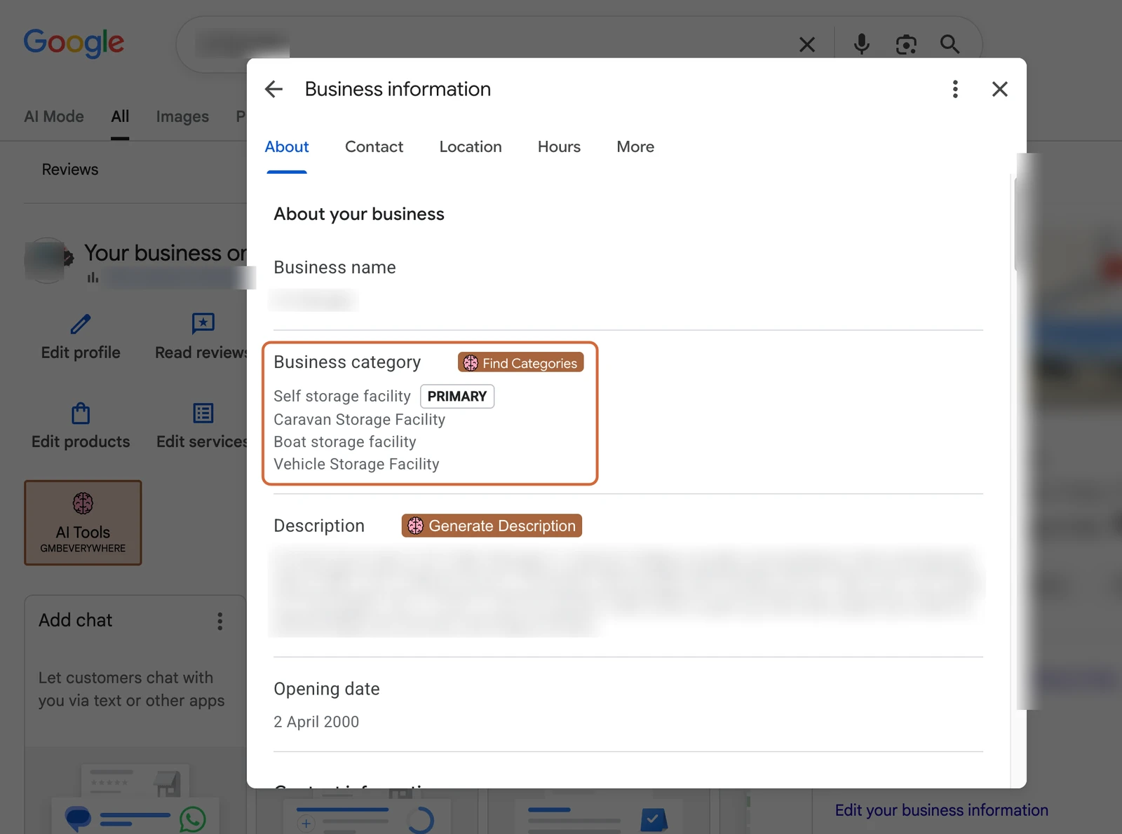 The About tab of a Google Business Profile showing the Business category section with one primary and three additional categories