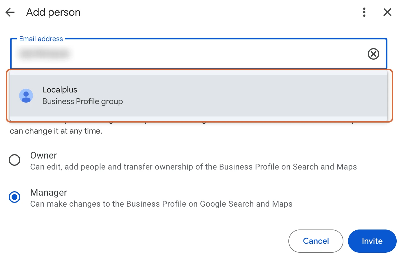 The Add person dialog with a Business Profile group suggestion highlighted, and the Manager role selected below