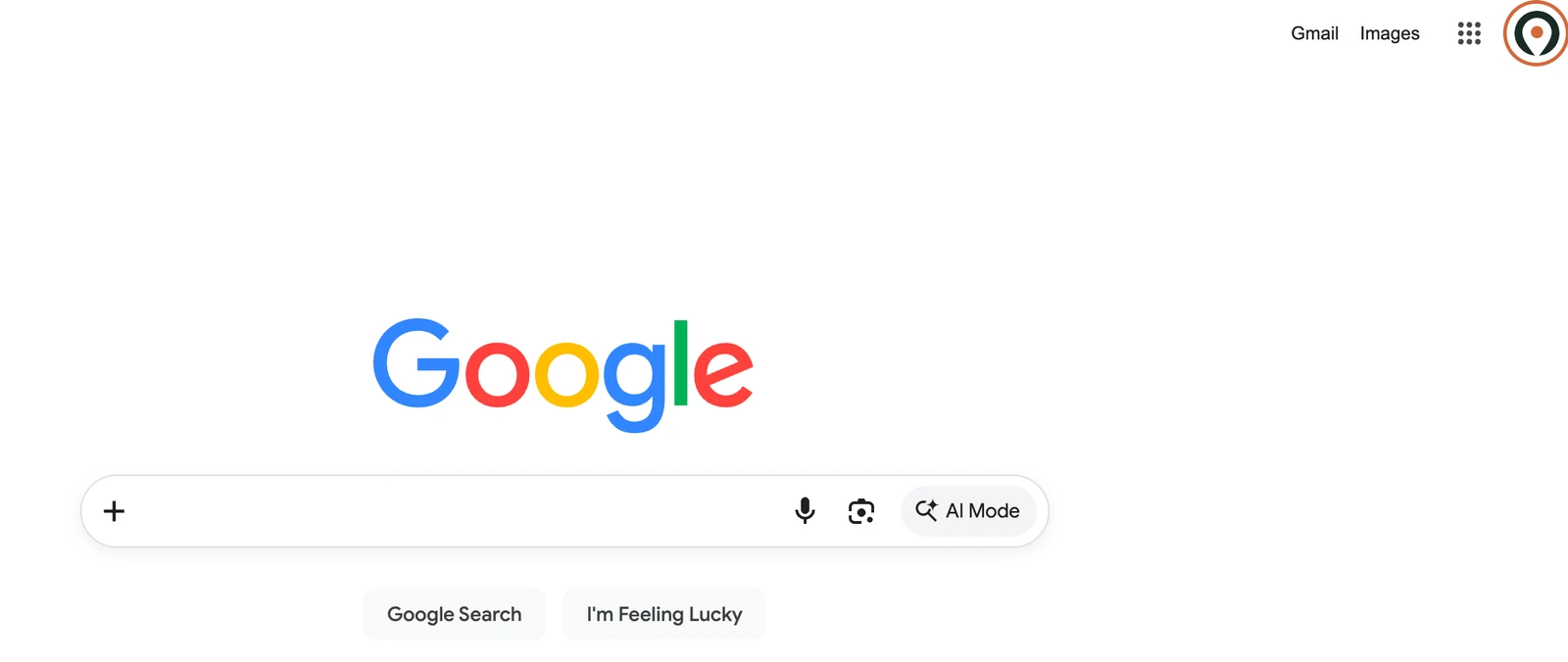 The Google homepage with the account avatar in the top right corner circled, showing where to check which Google account you are signed in to