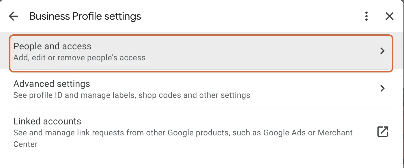 The Business Profile settings dialog with the People and access row highlighted