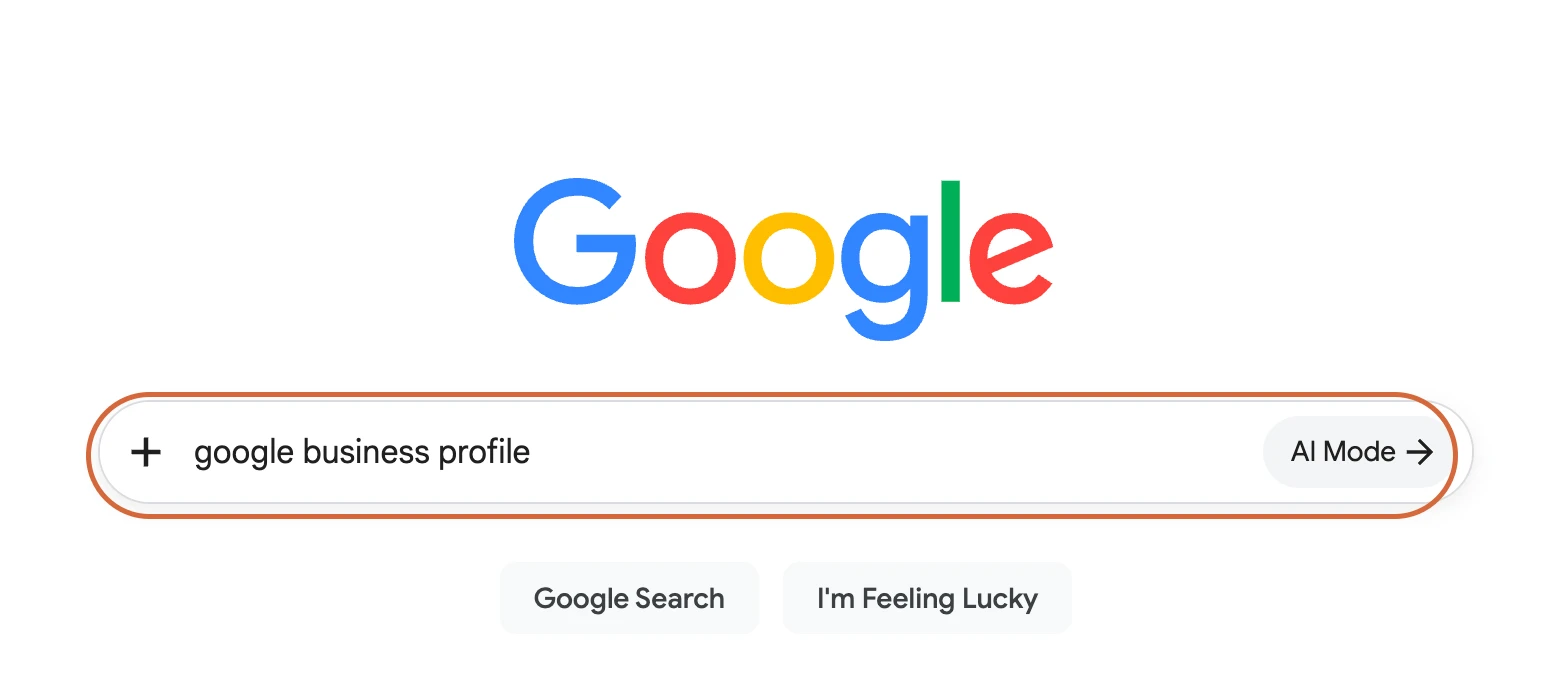The Google search box highlighted with the phrase google business profile typed into it