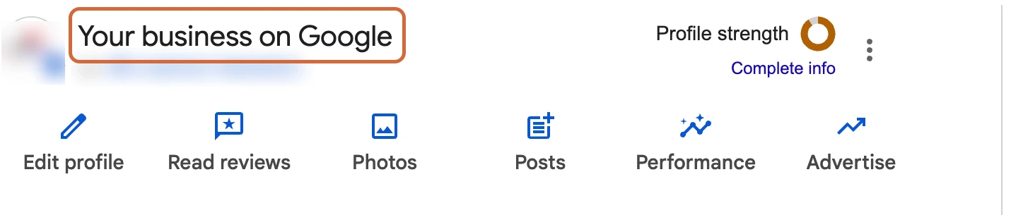 The Your business on Google panel in Google Search, with the heading highlighted to confirm you are signed in to the account that manages the profile