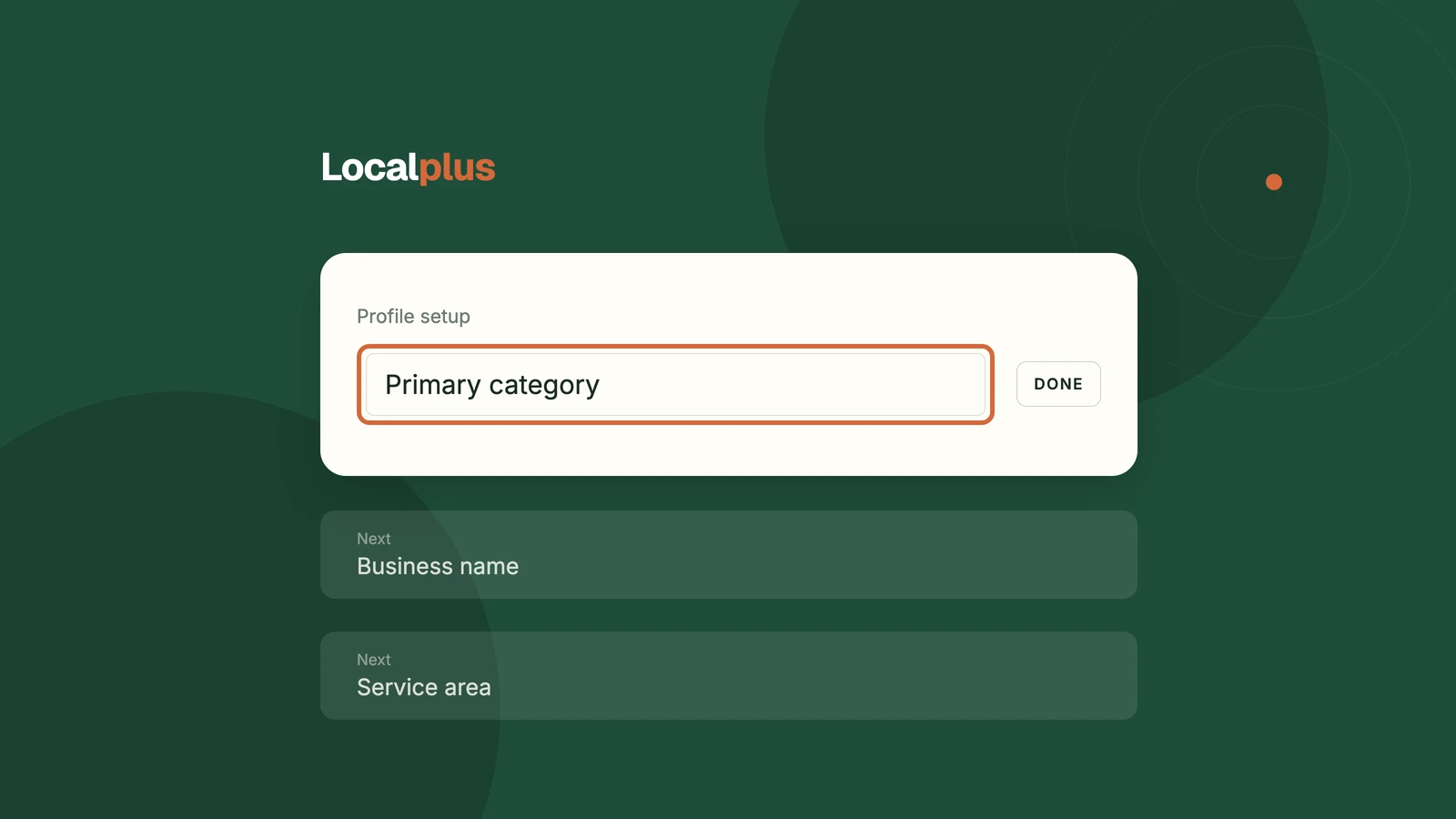 Illustration of a Google Business Profile setup checklist with the primary category row highlighted and marked done, above rows for business name and service area