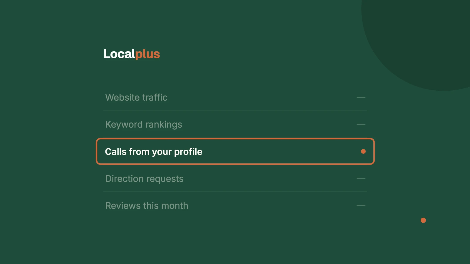 Cover graphic listing five local business measures on an evergreen field, with "Calls from your profile" bracketed in terracotta and the others dimmed