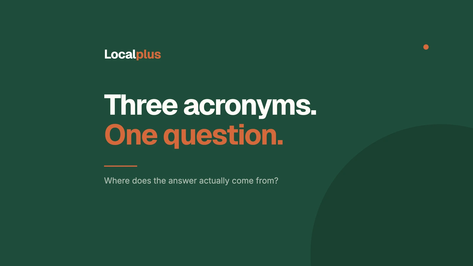 Cover graphic reading "Three acronyms. One question." in large type on an evergreen field, with the caption "Where does the answer actually come from?"