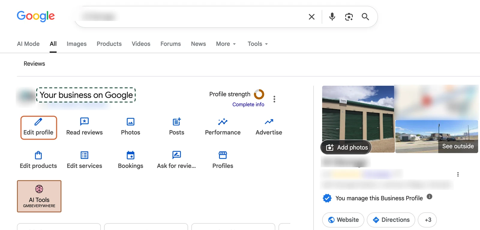 The Your business on Google panel in Google Search with the Edit profile button highlighted