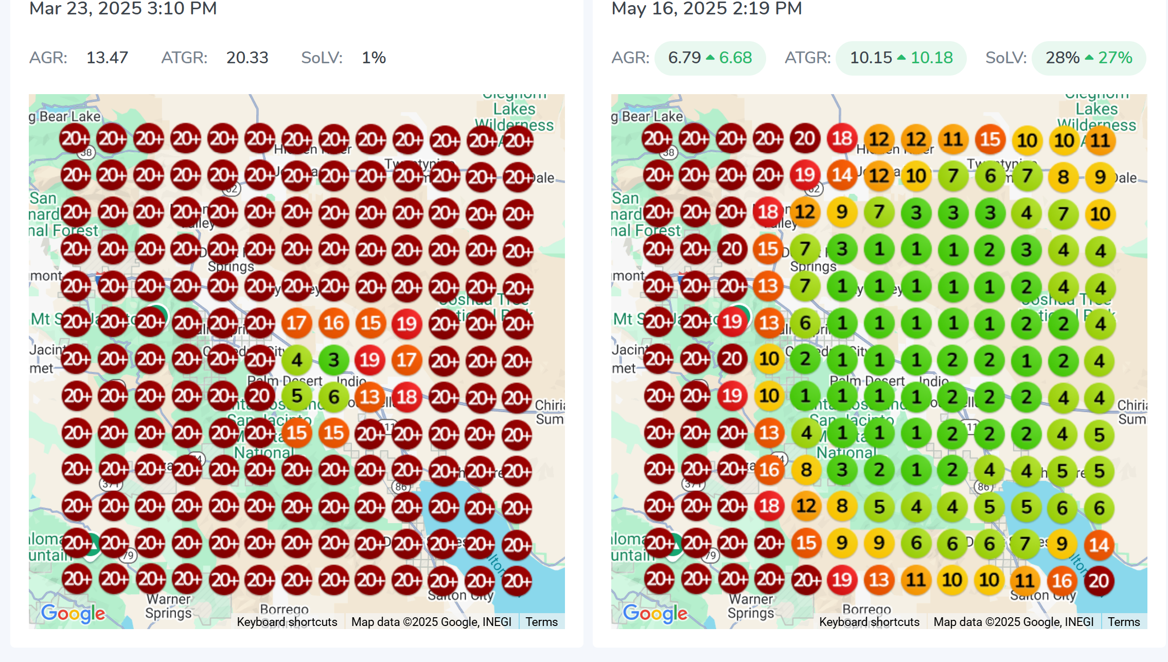 Geogrid comparison for All Valley Deck Works showing rankings for the keyword 'outdoor deck builder' improving from mostly 20+ on March 23, 2025 to a green-dominant grid on May 16, 2025
