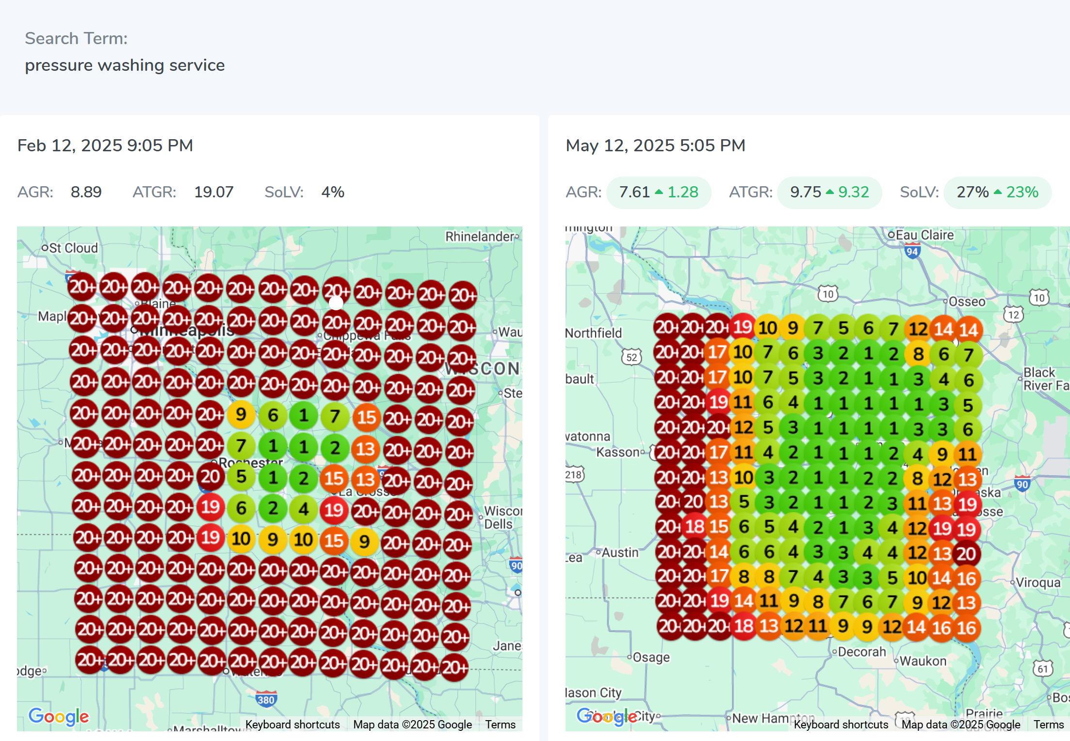 Geogrid comparison for a La Crosse pressure washing service showing rankings for the keyword 'pressure washing service' improving from mostly 20+ on February 12, 2025 to a green-dominant grid with rankings of 1-7 across the center of the service area on May 12, 2025